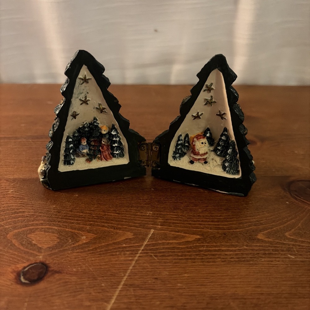 Vintage Miniature Christmas Tree Triptych Hinged Opening Featuring Santa&Family
